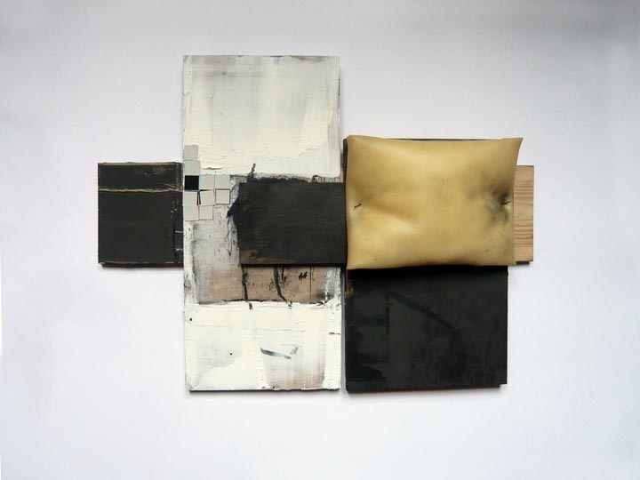 REST-NO REST 1, wood, oil, rubber, latex, paper, graphite, nails, approx. 18 x 12 inches