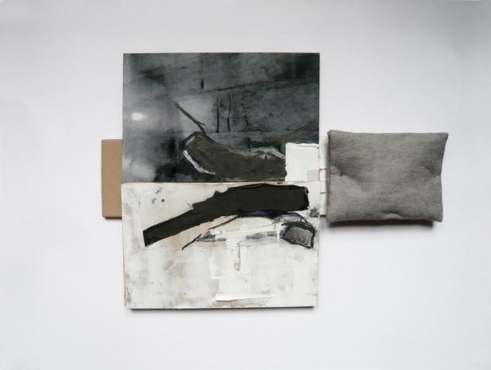 REST-NO REST 3, wood, oil, felt, paper, photograph, graphite, nails, approx. 18 x 12 inches