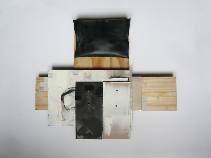 REST-NO REST 3, wood, oil, rubber, paper, graphite, nails, approx. 18 x 12 inches