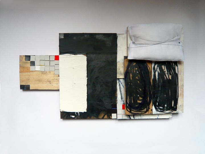 REST-NO REST 2, wood, oil, cotton, paper, graphite, nails, wire, approx. 18 x 12 inches