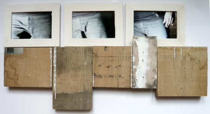 FOLLOWING, aged wood, paper, rhinestones, oil, ink jet prints
